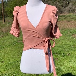Blush Pink Faux Wrap Bow Puff Sleeve Crop Top Size Small